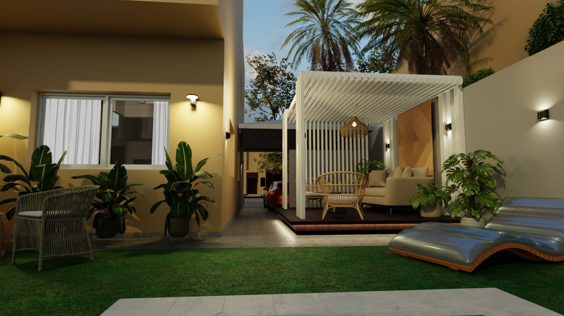 Luxury patio with pergola and pool deck at The Charleston villa in Riyadh